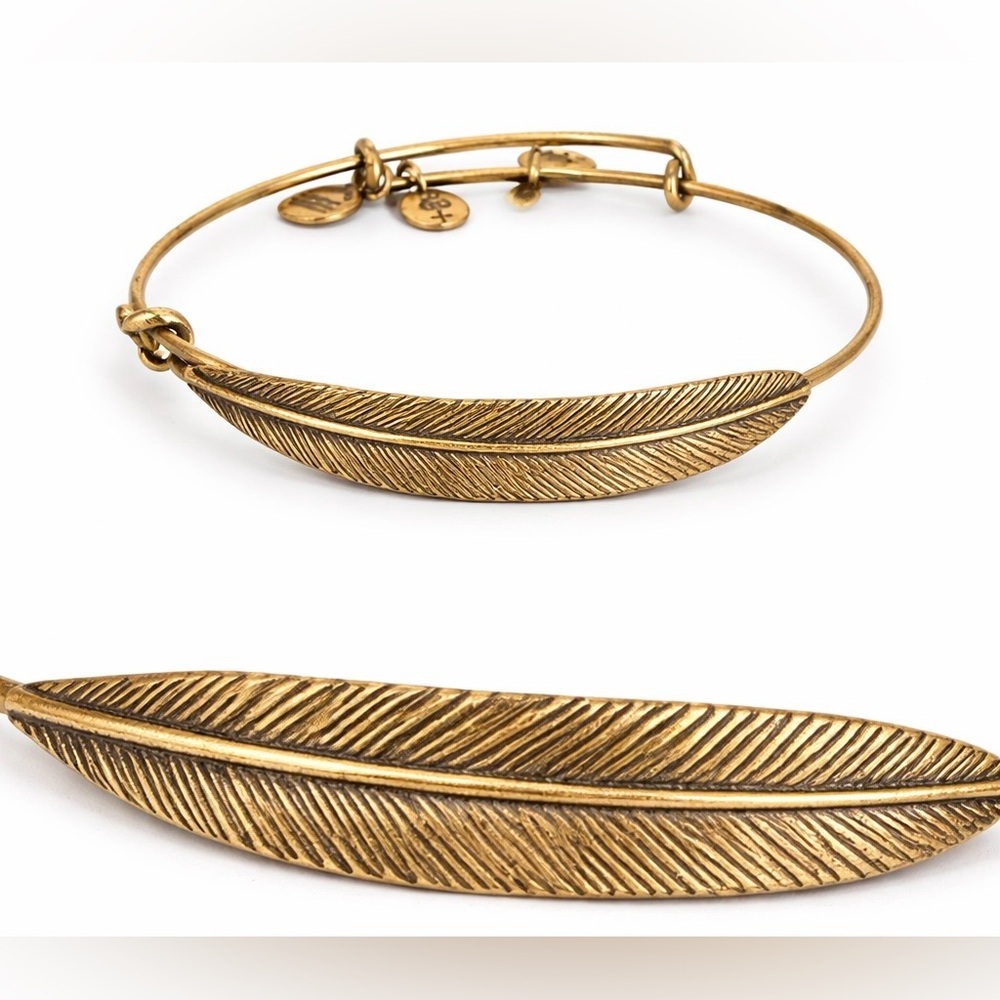 Alex and Ani Gold Feather Charm Bangle Bracelet Brass